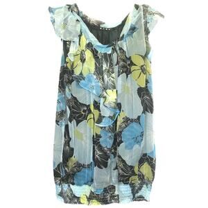 Bellatrix 100% Silk Sheer Blue  Yellow Floral Ruffle Cap Short Sleeve Tank Top L